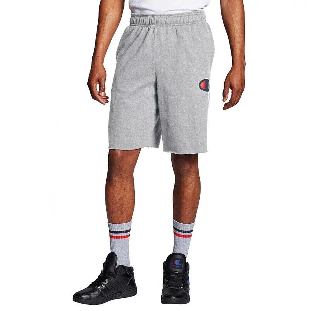 Champion Mens Heather Gray Fleece Sweat Shorts Raw Hem Logo Gray Small NEW
